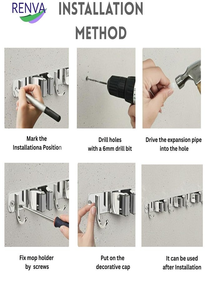 RENVA Broom Holder Wall Mount - 3 Slots 4 Hooks Heavy Duty Stainless Steel Mop and Broom Organizer Rack for Wall, Tool Hanger for Kitchen, Bathroom, Garden, Garage, Home Storage (SILVER, 3 SLOT) - Image 4